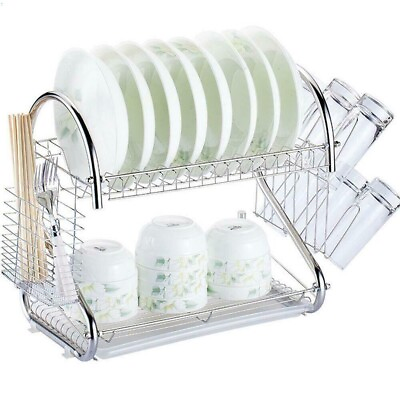 #ad Kitchen Dish Cup Drying Rack Holder Sink Drainer 2 Tier Dryer Stainless Steel $17.99
