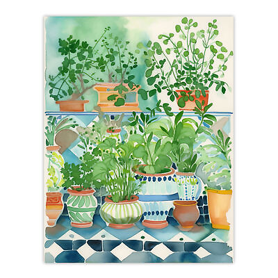 #ad Fresh Herb Plant Pots on Tiled Shelves Folk Art Kitchen Wall Art Poster Print $22.99