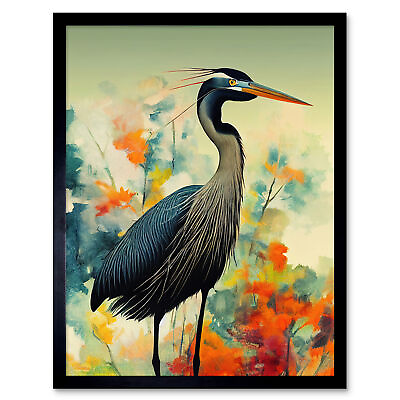 #ad Heron Bird Flower Field Teal Orange Navy Framed Wall Art Picture Print 12x16 $16.14