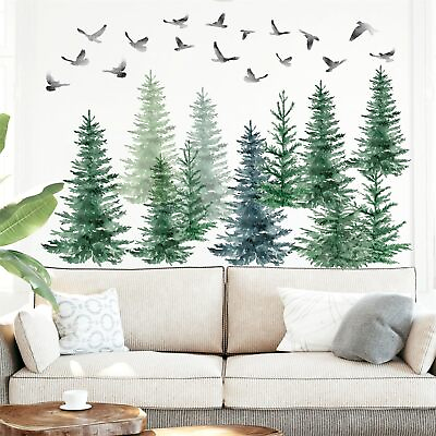 #ad Large Pine Tree Wall Stickers Watercolor Green Tree Flying Bird Wall Stickers... $32.77