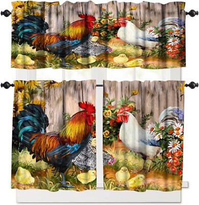 #ad Rooster Rustic 3 Piece Kitchen Curtains Farm Watercolor Painting Sunflower an... $51.22