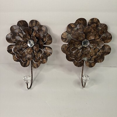 #ad Metal Floral Decorative Wall Hook Pair W Faux Crystal 9quot;X6quot; Brushed Brown Color $14.95