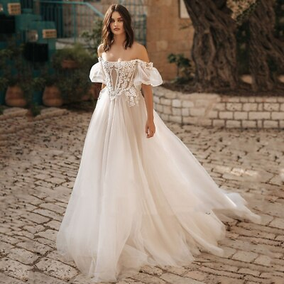 #ad Modern A Line Wedding Dresses Strapless Detachable Puff Sleeves Bridal Gowns $141.07