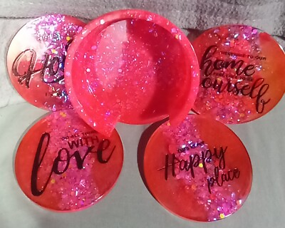 #ad Home Inspirational Round Hand made Resin Coaster Set Rose Red w bonus glitter $19.95