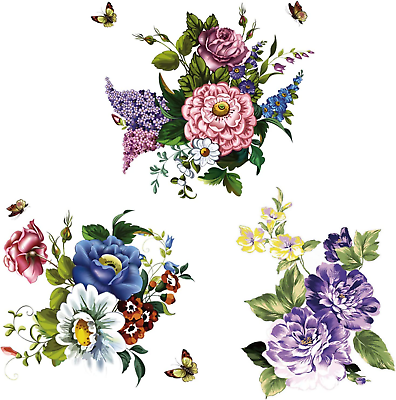 #ad 3Pcs Peony Rose Lavender Butterfly Flower Wall Stickers Beauty Flowers Decals Se $15.67