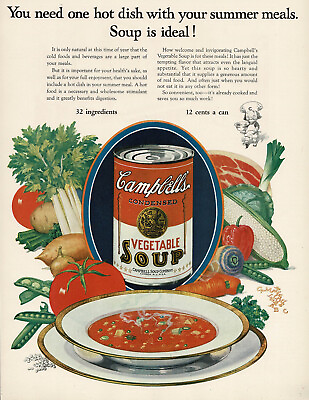 #ad 1920s Vintage Food Campbell Soup Chef Kitchen Decor Color Art Print Ad LARGE $29.98