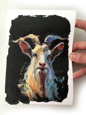 #ad Animal Original painting 5x7 Small art black gothic background farm sheep Goat $29.00