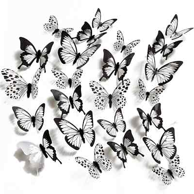 #ad #ad 24 pcs set Black White 3D Butterfly Wall Stickers Wedding Decoration Home Decor C $5.80