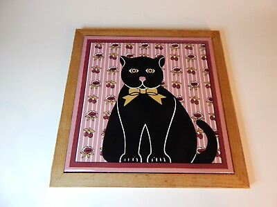 #ad VTG Ceramic cat trivet wall hanging. Wooden frame. Trivet art kitchen decoration $9.99