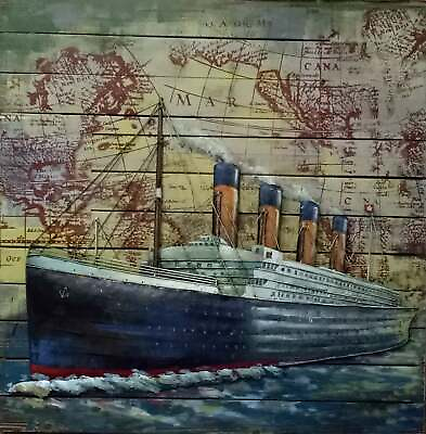 #ad Mixed Media Metal Cutout 3D Wall Art Painting of Old Steam Ship Cruise Liner $399.00