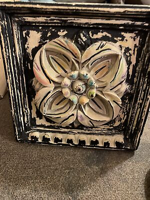 #ad Vtg Heavy Farmhouse Shabby Chic Floral Wall Decor Distressed 9.5 X 9.5quot; Plaque $14.99
