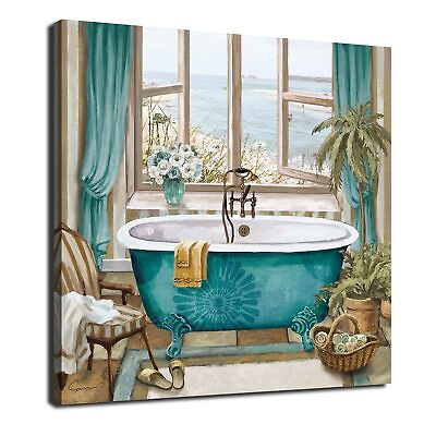 #ad Bathroom Canvas Print Wall Art Decor Teal Bathtub Picture Sea €‹ €‹View from... $21.91