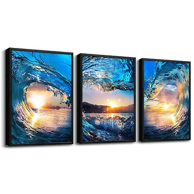 #ad Black Framed Wall Art For Living Room Wall Decor For Office Blue Sea View Wal... $106.78