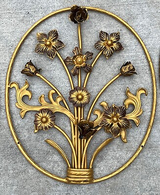#ad LG 20quot; Oval Cast Iron FENCE PANEL GATE INSERT Gold Bronze 3D Flower Wall Decor $175.00