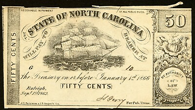 #ad Sep 1 1862 State of North Carolina Raleigh NC 50¢ Note Low Serial #10 $59.99