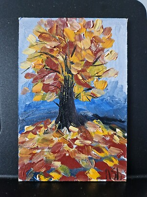 #ad #ad Original oil on canvas painting fall landscape #3 yellow tree small art 6x4quot; $16.70
