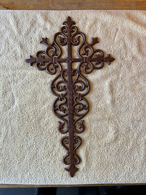 #ad Rustic 24quot; Cast Iron Cross Ornate Heavy Rustic Wrought Iron Wall Decor Vintage $25.00