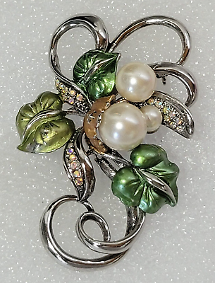 #ad Vintage Flower Brooch Pin Rhinestone Faux Pearl Silver Tone Costume Jewelry $21.63
