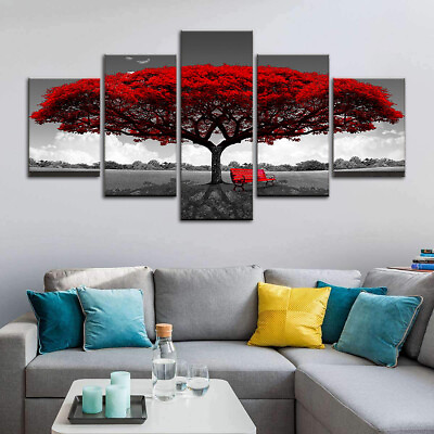 #ad 5 Piece Framed Canvas Multi Panel Art Red Tree Modern Wall Decor Ready to Hang $169.95