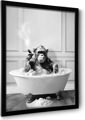 #ad Framed Bathroom Decor Wall Art Chimpanzee in Bathtub Black and White Wall Art $20.88