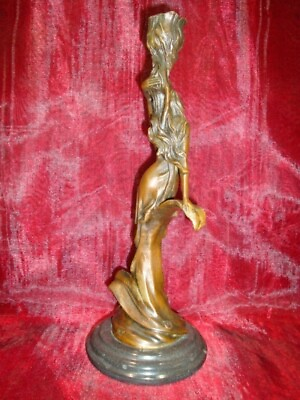 #ad Art Deco Style Statue Sculpture Candlestick Damsel Art Nouveau Style Bronze Sign $174.99