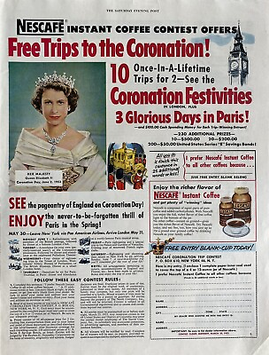 #ad Vtg Print Ad 1953 Nescafe Queen Elizabeth II Coronation Retro Kitchen Wall Art $16.49