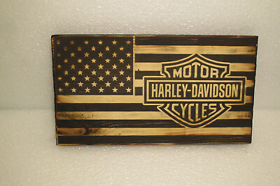 #ad Harley Davidson American Flag Wood Rustic Primitive farmhouse decor USA $24.99