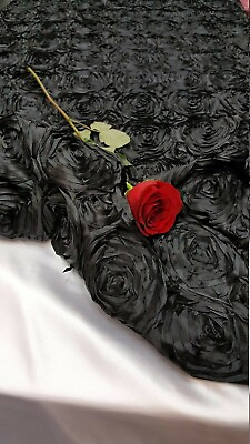 #ad BLACK Rosette Satin Fabric – Sold By The Yard Floral Flowers Satin Decor $13.99