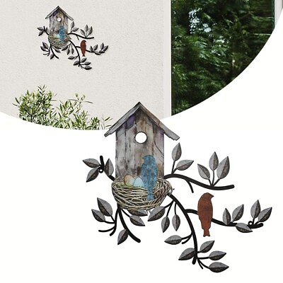 #ad Birds Wall Decor Metal Tree with Birdhouse Wall Art Hanging Outdoor Wall Brown $24.55