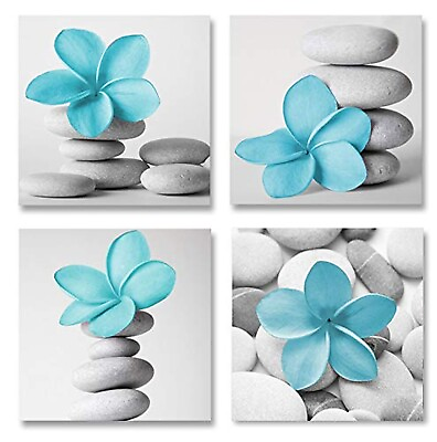 #ad Genius Decor Modern Bathroom Wall Art Blue Grey Zen Flowers and Pebble Stone ... $62.90