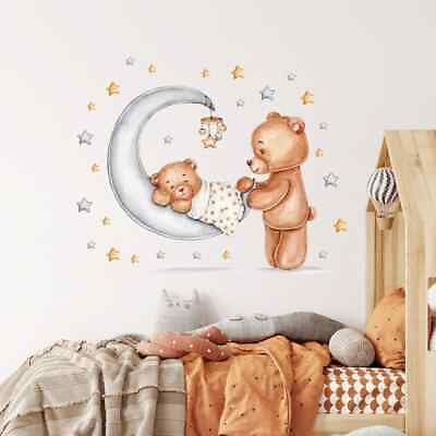 #ad #ad Cartoon Bear Mom and Baby on the Cradle Wall Stickers Baby Nursery Wall Decals AU $35.99