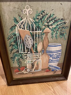 #ad Vintage hand painted Kitchen scene wall hanging art $69.99