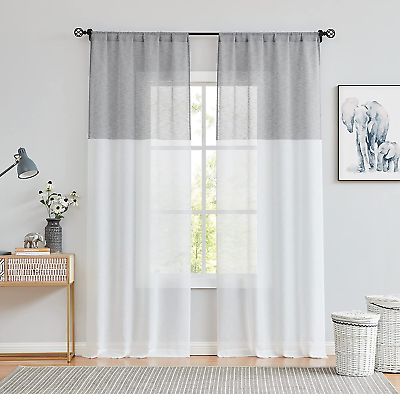 #ad Gray and White Stripe Sheer Color Block Window Curtain Panel Linen Drape Treatme $47.99