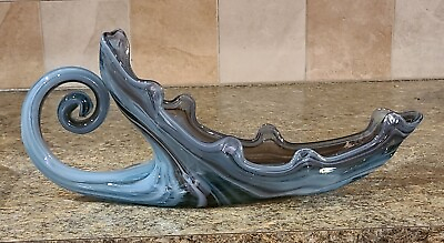 #ad Vintage Sooner Glass Hand Blown Swirl Art Leaf Sleigh Cornucopia Blue Shades $59.95