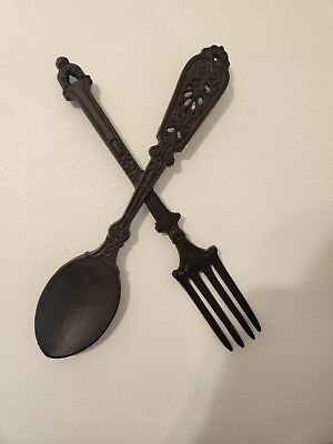 #ad #ad Heavy Cast Metal Spoon And Fork Wall Hanging Painted Brown Cafe Bistro Kitchen $29.69