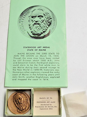 #ad Medallic Art Co Statehood Maine Henry Wadsworth Longfellow Coin Medal Box paper $35.36