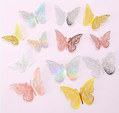 #ad 3D Butterfly Wall Decor 48 Pcs 4 Styles 4 Colors 3 SizesGold Silver Laser Rose $19.06