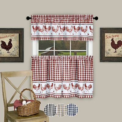 #ad 3PC Kitchen Curtain Set Check Gingham Plaid Rooster Tier Panels and Valance $20.49