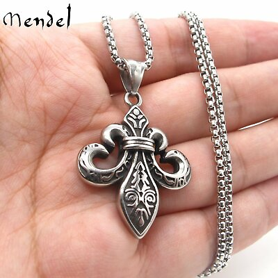 #ad MENDEL Mens Fashion Stainless Steel Fleur De Lis Pendant Necklace Jewelry Chain $11.99