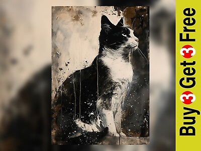 #ad Abstract Cat Art 10quot;x8quot; 12quot; x8quot; Print Black White Modern Home Decor Wall Art GBP 8.99