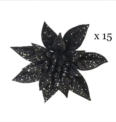 #ad 7quot; Black Artificial Poinsettia Faux Flowers Glitter for DIY Decorations 15pc $9.90