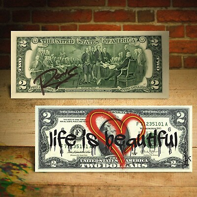 #ad #ad Open Heart Red Graffiti quot;Life is Beautifulquot; Genuine $2 Bill Rency Art LTD # 66 $29.00
