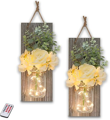 #ad #ad Mason Jar Wall Sconces with Remote Farmhouse Wood Wall Art Decor for Home Living $18.99
