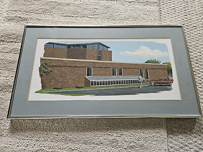 #ad 1960 Mid Modern Architectural Concept School Drawing Painting Man Car Blue Skies $168.74
