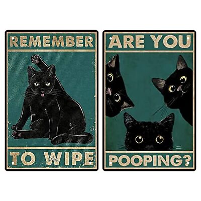 #ad 2 Pack Retro Tin Sign Vintage Black Cat Bathroom Wall Decor Funny Are You Poo $14.66