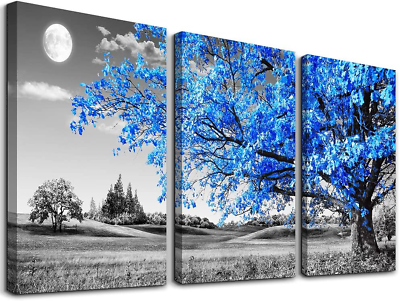 #ad Wall Art for Living Room Black and White Blue Tree Moon Canvas Wall Decor for Ho $49.48