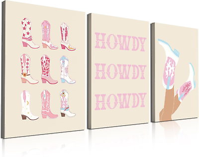 #ad Preppy Cowgirl Decor Pink Cowgirl Wall Art Set of 3 12X16 Inch Retro Western P $50.45