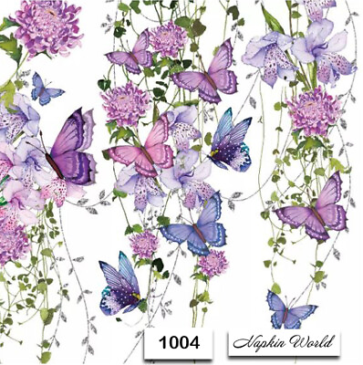 1004 TWO Individual Paper Luncheon Decoupage Napkins VINES BUTTERFLY FLOWERS $1.95