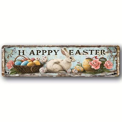 #ad Rustic Metal Happy Easter Sign 16x4 inches Bunny amp; Easter Eggs Pre Drilled Holes $15.00