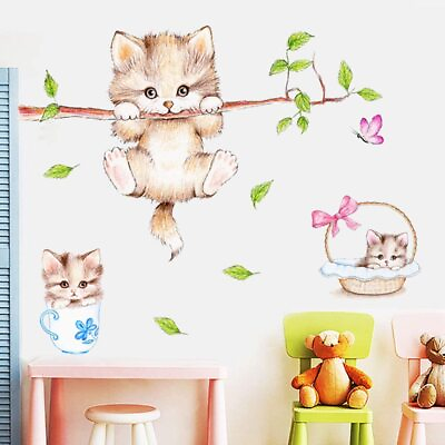 #ad WALL STICKER CAT DECAL TREE BRANCH BUTTERFLY VINYL MURAL ART HOME KIDS ROOM DECO $22.99